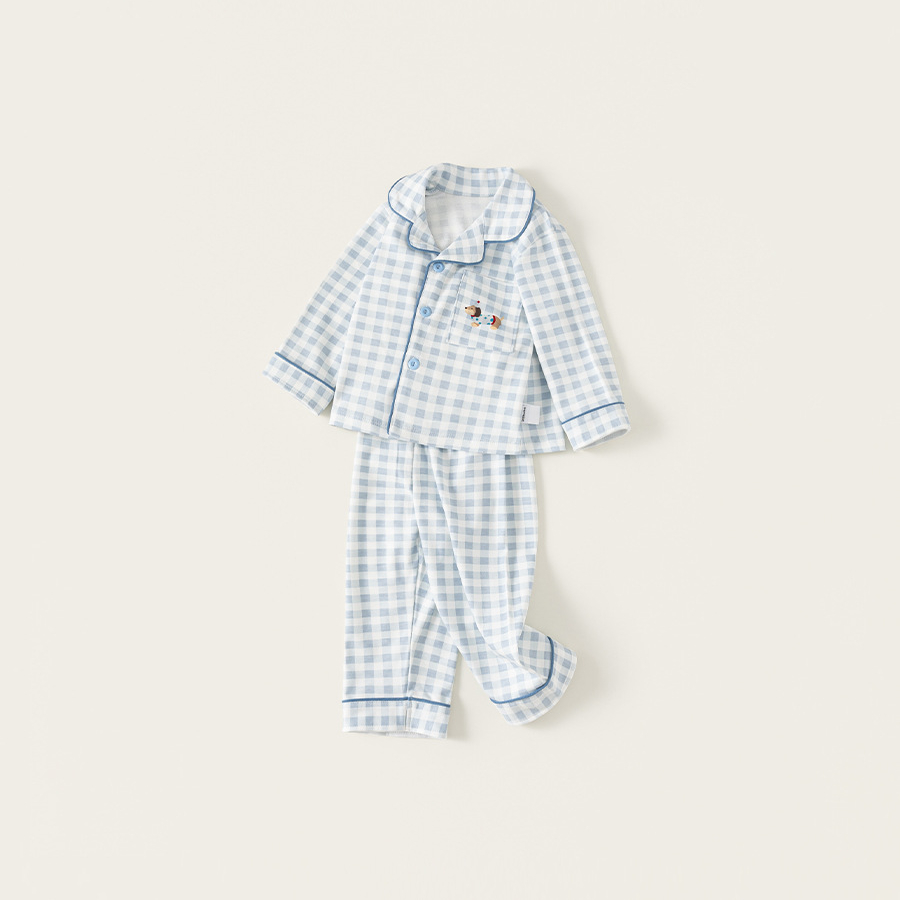 童裝兒童秋季女童睡衣純棉套裝格子男童長褲寶寶保暖家居服