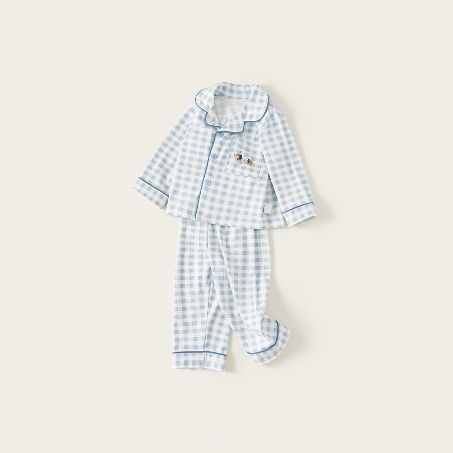 童裝兒童秋季女童睡衣純棉套裝格子男童長褲寶寶保暖家居服