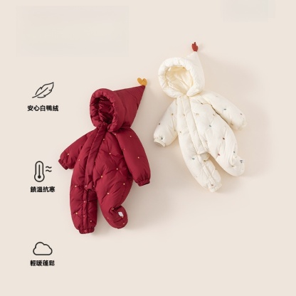 冬季保暖童裝魔法帽女寶寶連體衣新生兒衣服紅色女童羽絨爬服