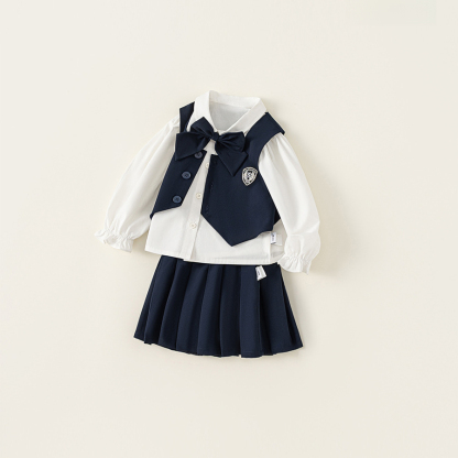  女童秋季套裝三件套新款嬰兒學院風背心長袖襯衫百褶裙套裝