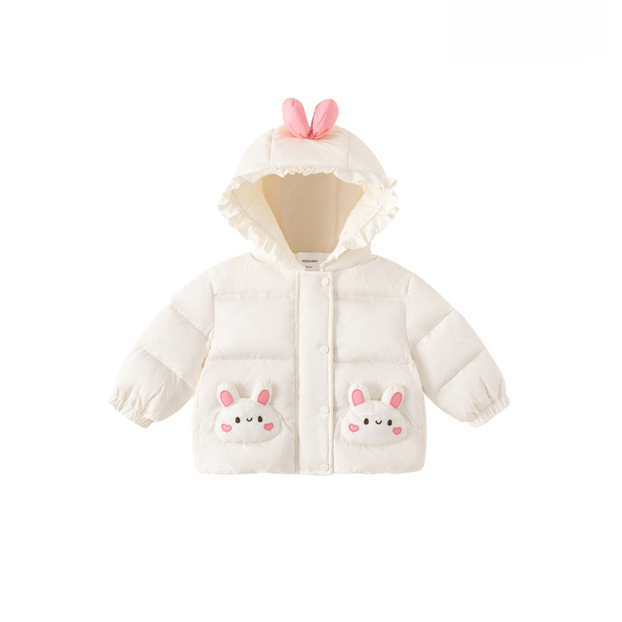 冬季新品衣服女寶寶連帽外套保暖冬裝荷葉邊兔子女童羽絨服
