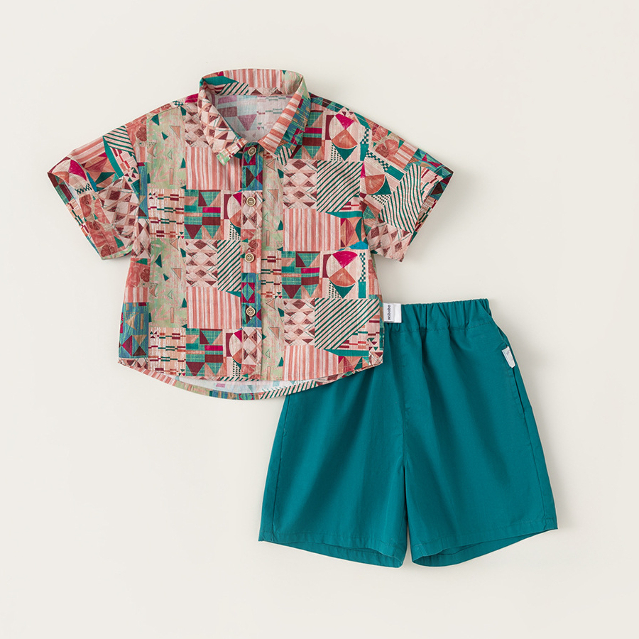 童裝男童套裝兒童碎花襯衫中褲港風復古夏裝兩件套海灘度假風