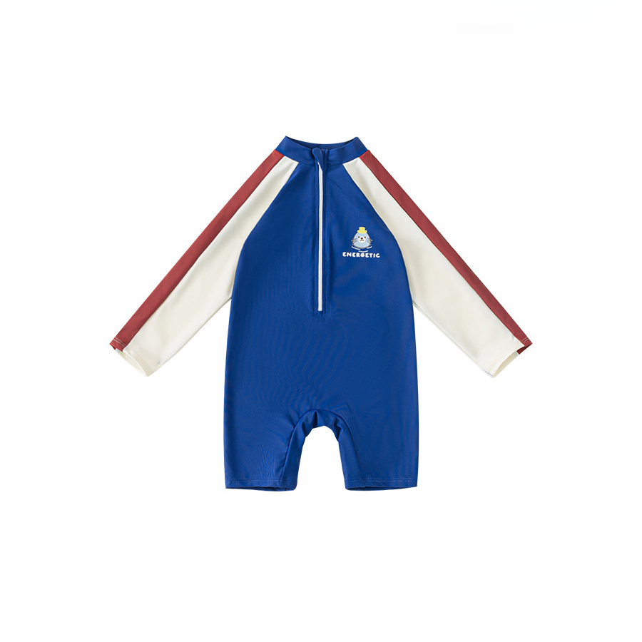 童裝夏季兒童游泳衣簡約印花長袖立領拼色連體泳衣男童泳裝