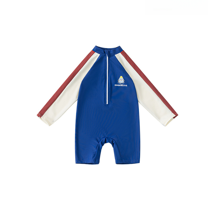 童裝夏季兒童游泳衣簡約印花長袖立領拼色連體泳衣男童泳裝