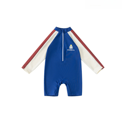 童裝夏季兒童游泳衣簡約印花長袖立領拼色連體泳衣男童泳裝