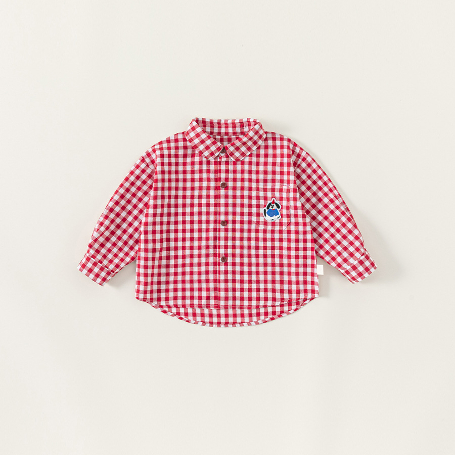 童裝秋季兒童上衣男童長袖繡花格子衫男寶寶翻領襯衣女童襯衫