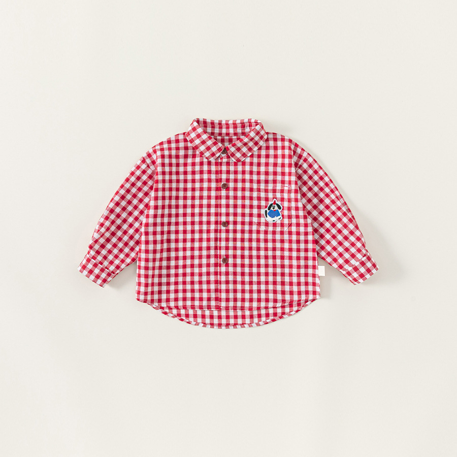 童裝秋季兒童上衣男童長袖繡花格子衫男寶寶翻領襯衣女童襯衫