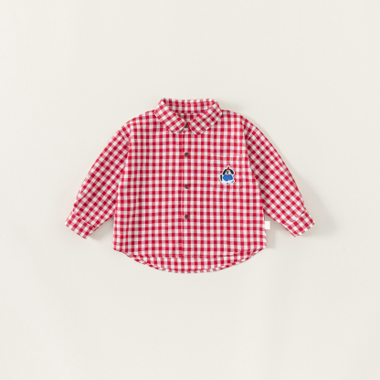 童裝秋季兒童上衣男童長袖繡花格子衫男寶寶翻領襯衣女童襯衫