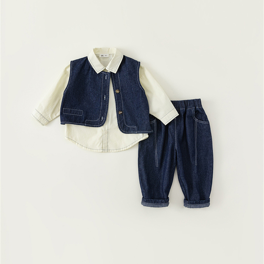 童裝男童套裝韓版春秋牛仔馬甲襯衫牛仔褲兒童三件套女童衣服