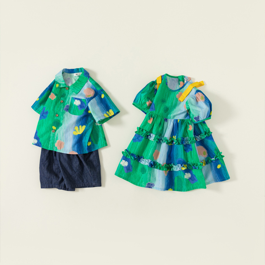 童裝姐弟裝塗鴉印花襯衫女童連衣裙扎染公主裙子兒童休閒套裝