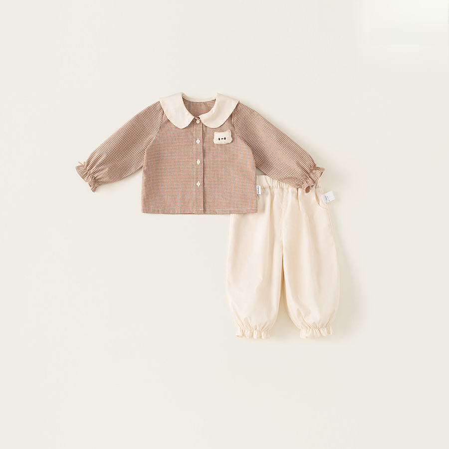 童裝女寶寶襯衫長褲兩件套25春季新款女童娃娃領格子上衣套裝