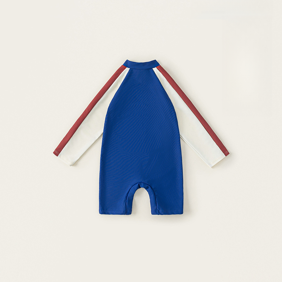 童裝夏季兒童游泳衣簡約印花長袖立領拼色連體泳衣男童泳裝