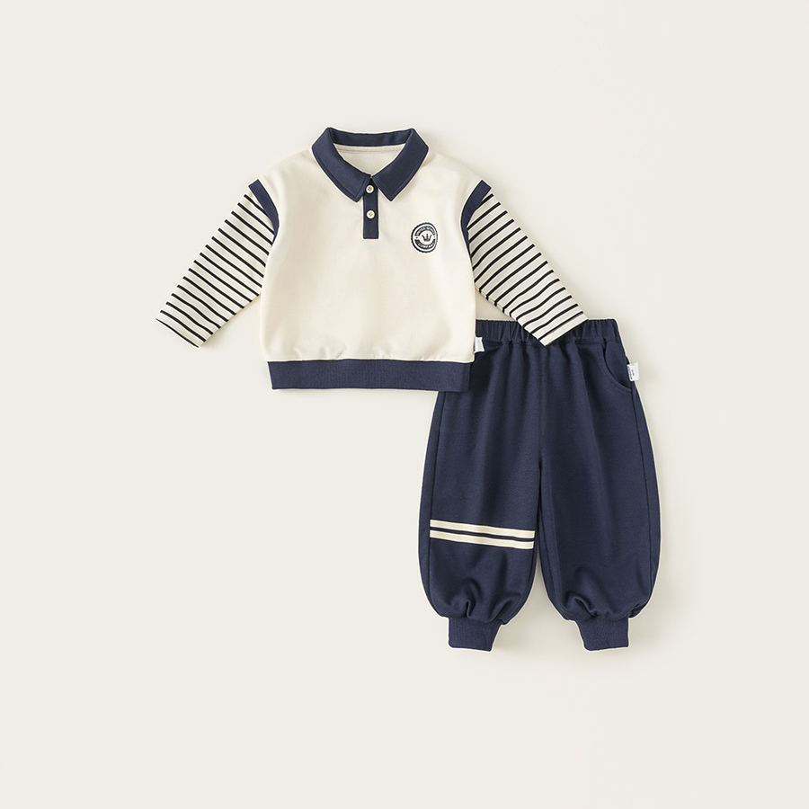 童装儿童学院风套装春季男孩衣服男童春装条纹POLO卫衣两件套