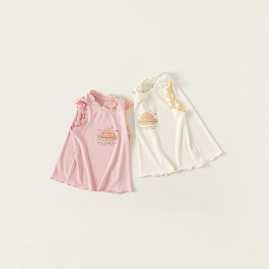 童裝兒童背心女童卡通印花無袖T夏季童裝甜美花邊上衣