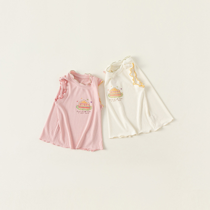 童裝兒童背心女童卡通印花無袖T夏季童裝甜美花邊上衣