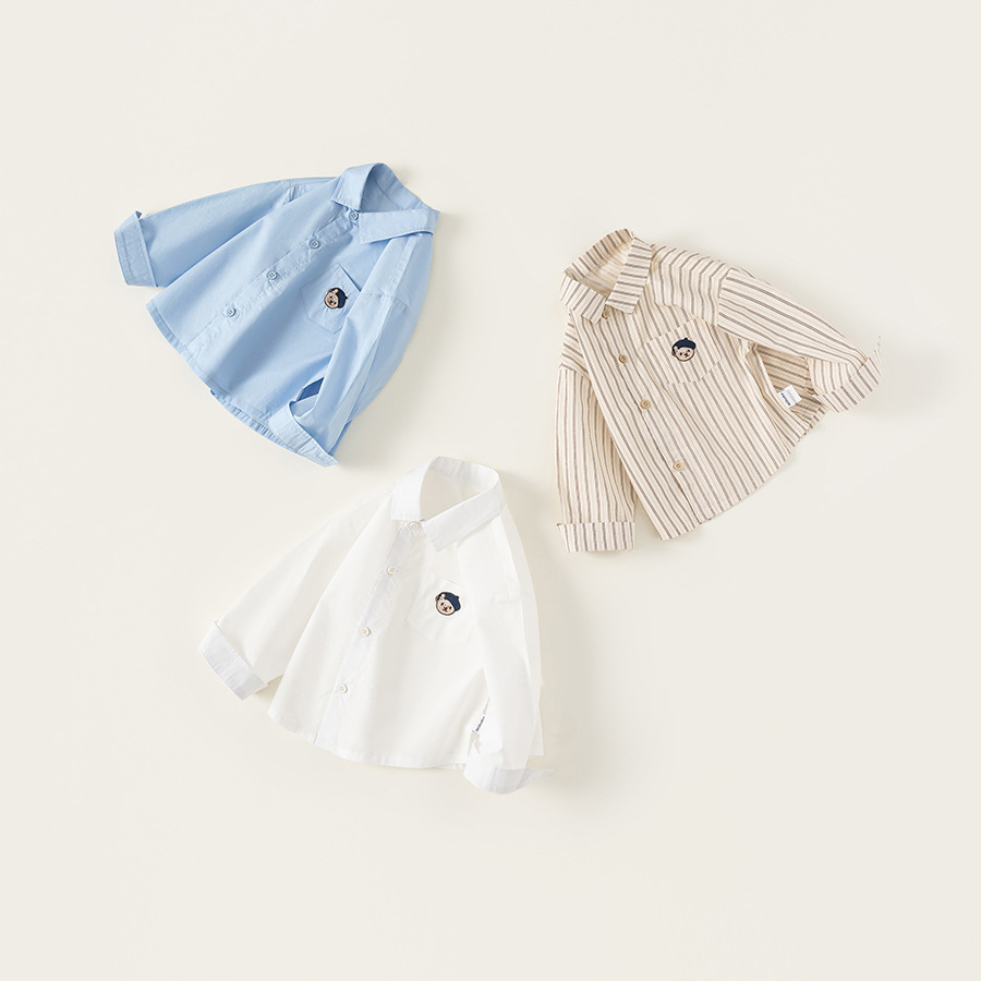 童裝秋款簡約翻領襯衣男寶寶長袖兒童上衣小熊刺繡男童襯衫