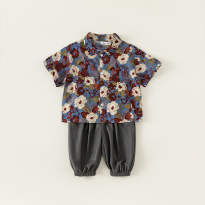 童裝男童夏裝套裝花襯衫兩件套束腳闊腿褲兒童度假港風套裝