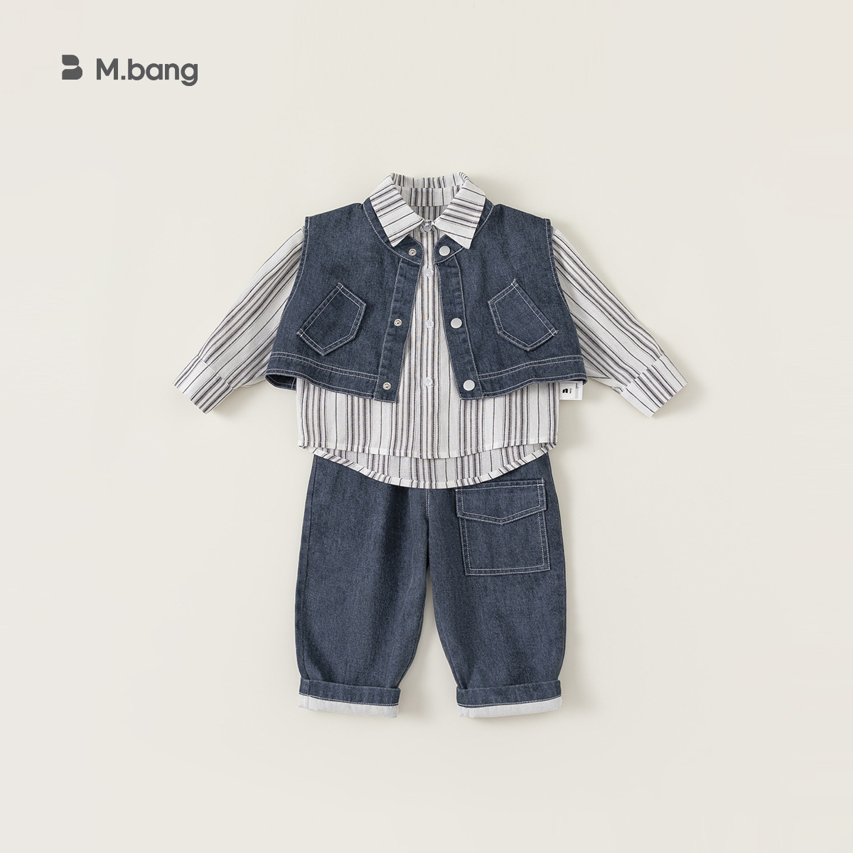 兒童套裝韓版童裝炸街痞帥秋款條紋長袖襯衫馬甲男童三件套