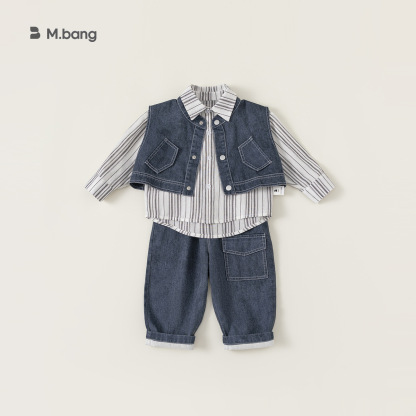 兒童套裝韓版童裝炸街痞帥秋款條紋長袖襯衫馬甲男童三件套