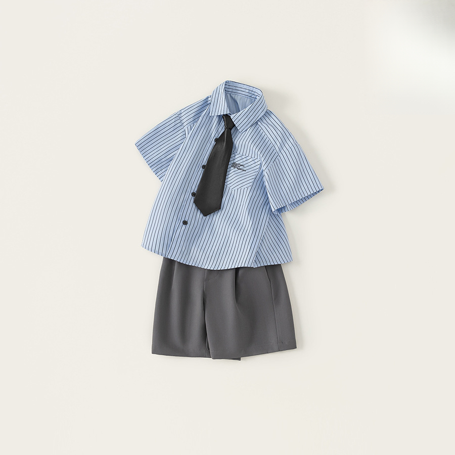 童裝夏季新款男童衣服套裝簡約休閒條紋襯衫休閒短褲兩件套