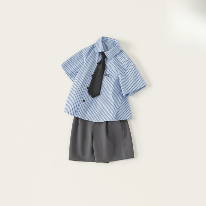 童裝夏季新款男童衣服套裝簡約休閒條紋襯衫休閒短褲兩件套