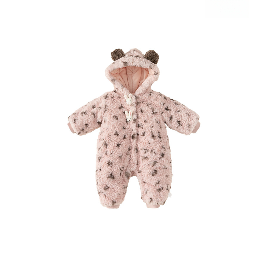 童裝女寶寶冬季保暖連體衣嬰兒加絨保暖毛毛衣豹紋寶寶衣服