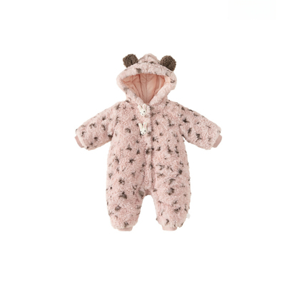 童裝女寶寶冬季保暖連體衣嬰兒加絨保暖毛毛衣豹紋寶寶衣服