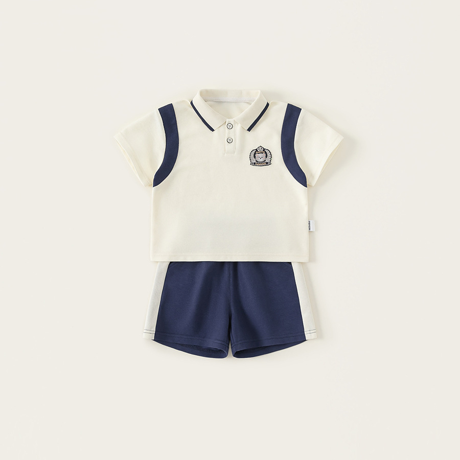 童裝男童套裝繡標休閒撞色Polo衫簡約休閒男小童短褲兩件套