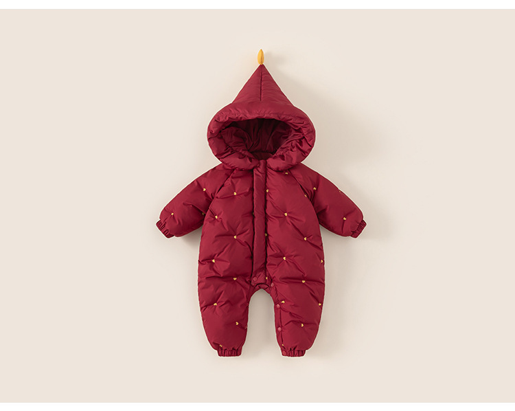冬季保暖童裝魔法帽女寶寶連體衣新生兒衣服紅色女童羽絨爬服
