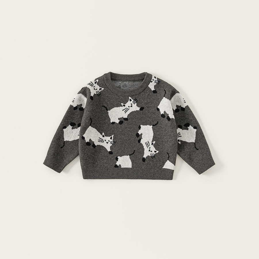 童裝秋季新款兒童上衣男寶寶長袖保暖內搭貓咪圖案男童毛衣潮