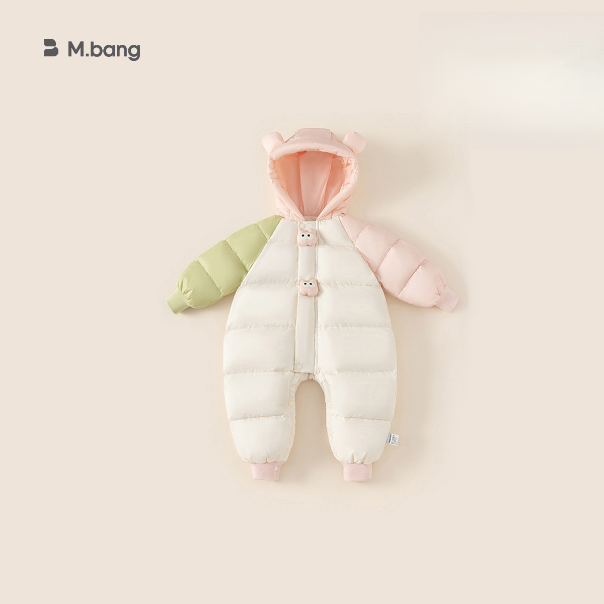 嬰兒羽絨服冬季加厚連體衣男童寶寶拼色連帽羽絨爬服