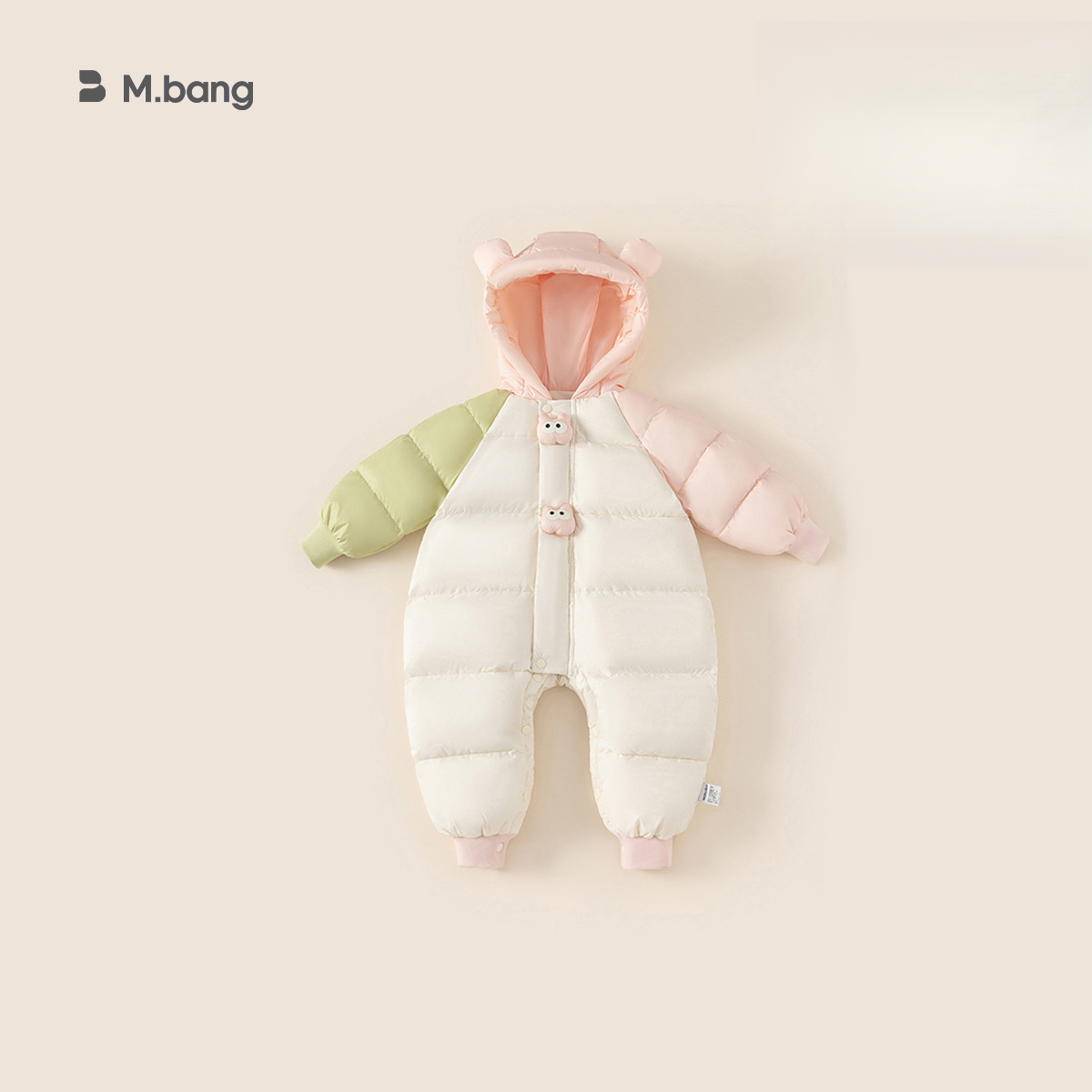 嬰兒羽絨服冬季加厚連體衣男童寶寶拼色連帽羽絨爬服