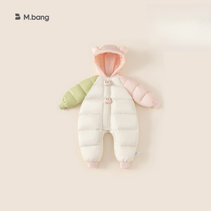 嬰兒羽絨服冬季加厚連體衣男童寶寶拼色連帽羽絨爬服