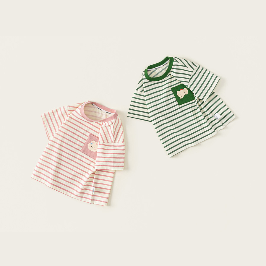 童裝夏款兒童休閒上衣薄款短袖女寶卡通印花男童撞色條紋T恤