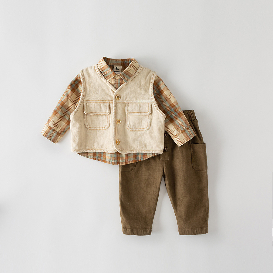 韓版男童秋季襯衫馬甲三件套兒童褲套裝小童服裝寶寶衣服