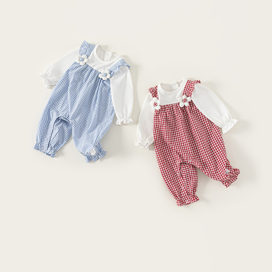 嬰童秋裝假兩件揹帶褲格紋花邊新生兒衣服寶寶連體衣女童爬服
