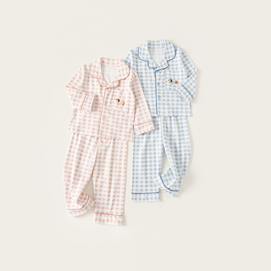 童裝兒童秋季女童睡衣純棉套裝格子男童長褲寶寶保暖家居服