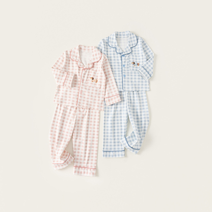 童裝兒童秋季女童睡衣純棉套裝格子男童長褲寶寶保暖家居服