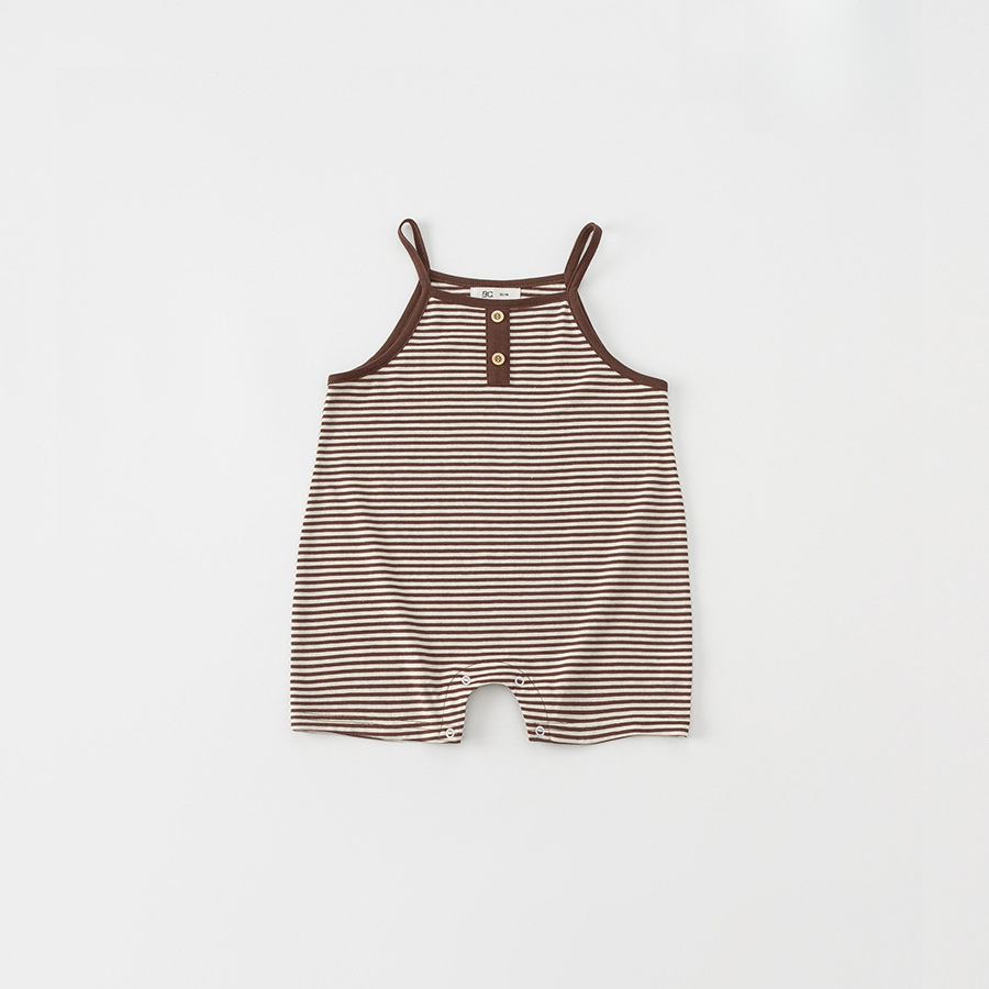 童裝夏季新品連體衣新生兒單排扣吊帶嬰兒衣服男寶寶條紋爬服