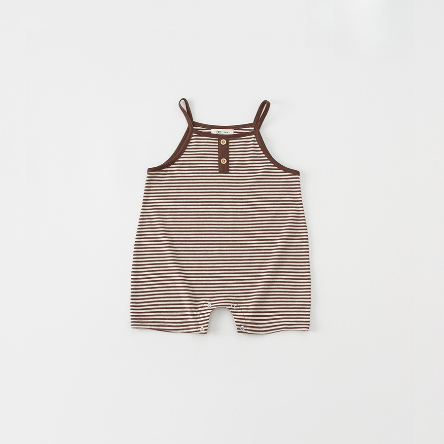 童裝夏季新品連體衣新生兒單排扣吊帶嬰兒衣服男寶寶條紋爬服