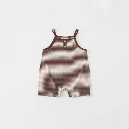 童裝夏季新品連體衣新生兒單排扣吊帶嬰兒衣服男寶寶條紋爬服