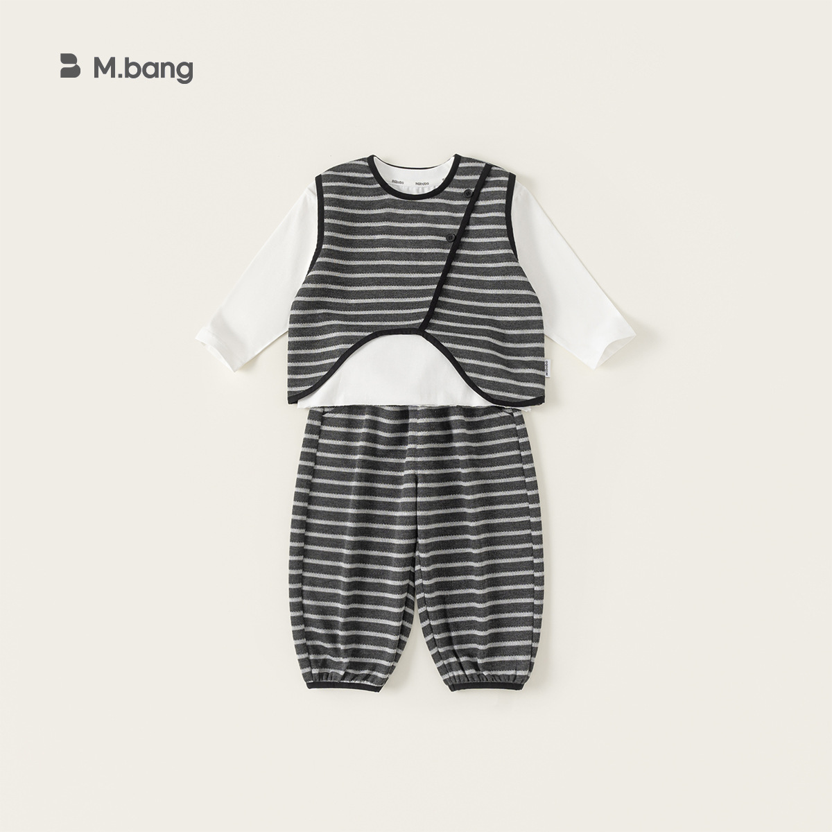 童裝男童套裝春季新品設計感背心純色打底衫條紋褲女童三件套