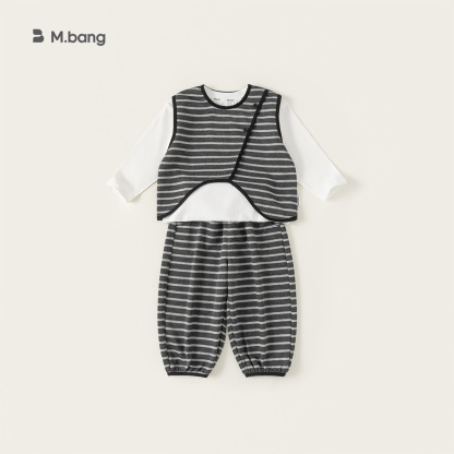 童裝男童套裝春季新品設計感背心純色打底衫條紋褲女童三件套