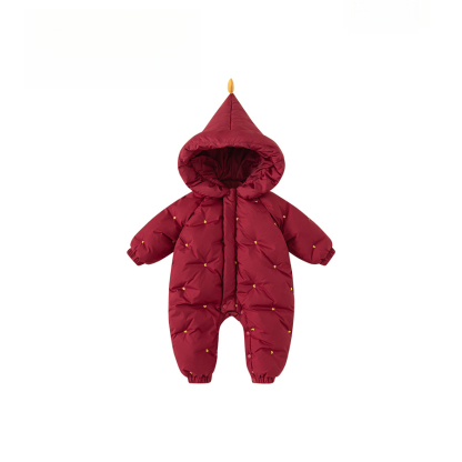 冬季保暖童裝魔法帽女寶寶連體衣新生兒衣服紅色女童羽絨爬服