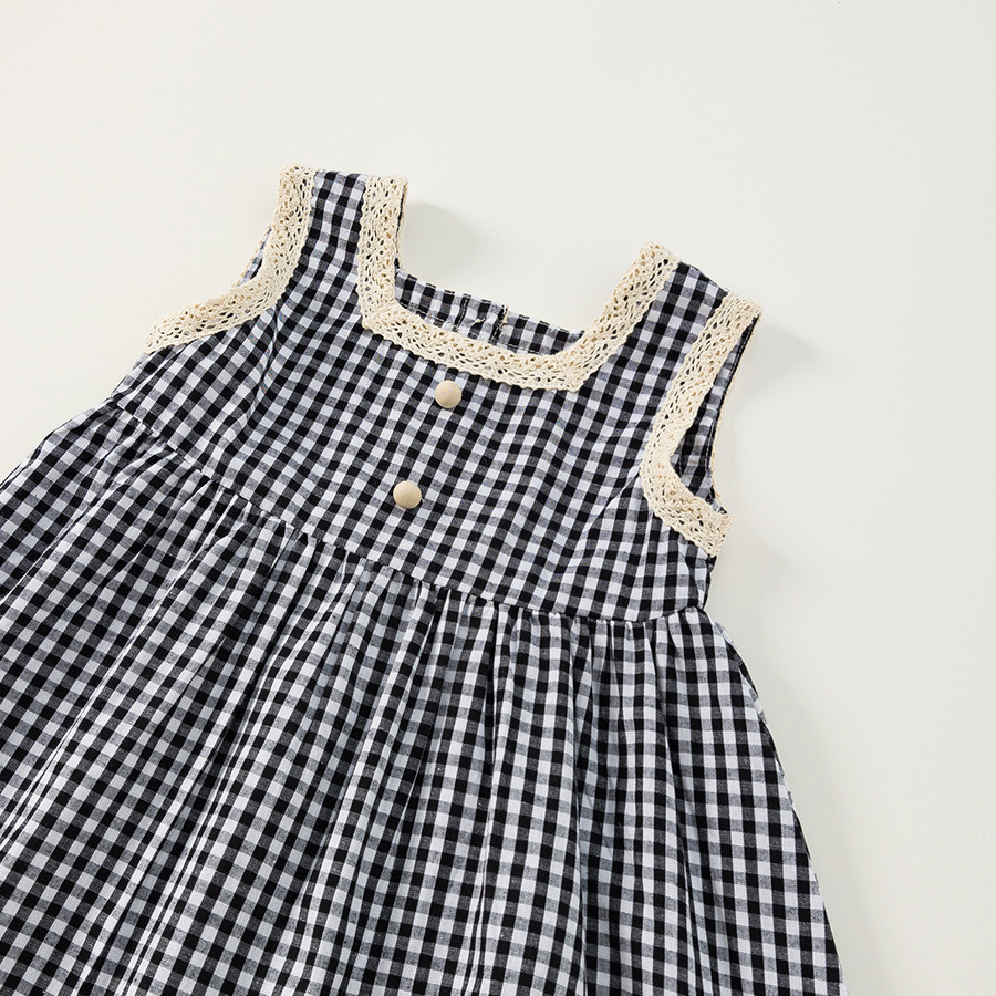 童裝夏季氣質女寶寶裙子韓版女童格子裙方領黑白小童連衣裙