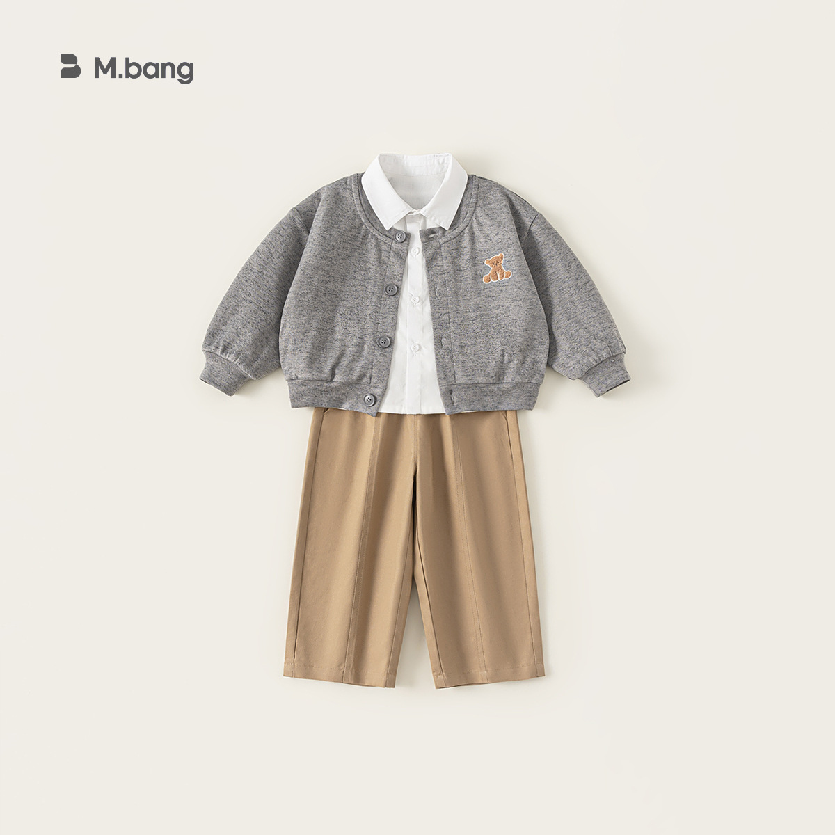 童裝秋季男童套裝純色翻領襯衫繡花開衫外套兒童休閒褲兩件套