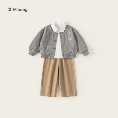 童裝秋季男童套裝純色翻領襯衫繡花開衫外套兒童休閒褲兩件套