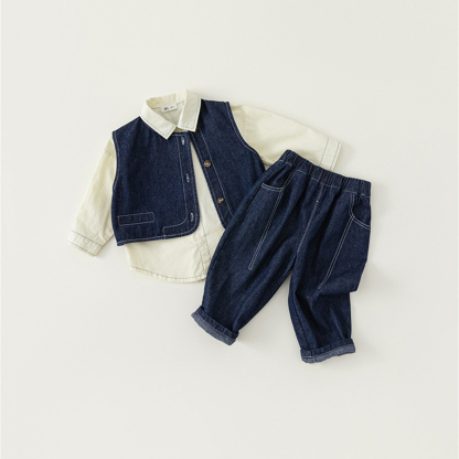 童裝男童套裝韓版春秋牛仔馬甲襯衫牛仔褲兒童三件套女童衣服