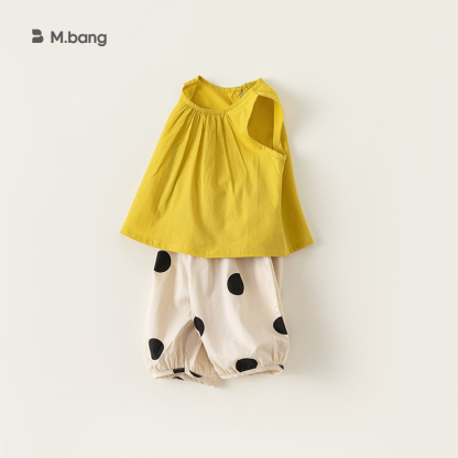 童裝女童夏裝波點印花九分褲純色無袖上衣兩件套時尚套裝潮