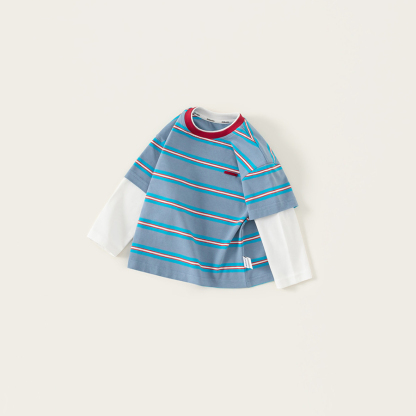 童裝男童T恤春季新款中小童假兩件條紋拼色時尚休閒兒童上衣